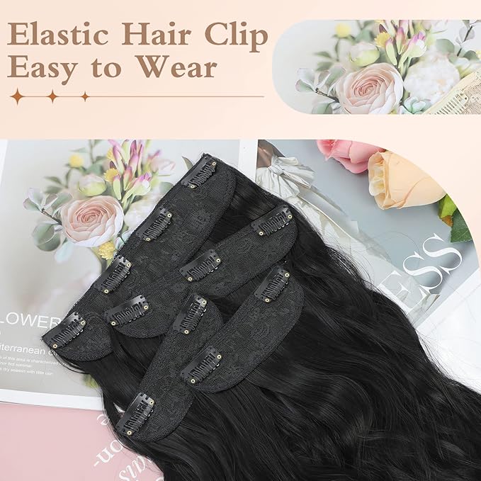 Clip in Hair Extensions, 20 Inch Black Wavy Hair Extensions Clip Ins for Women (4PCS Curly)