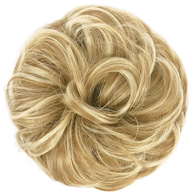 FESHFEN Messy Bun Hair Piece - Large Elastic Wavy Curly Hair Bun Scrunchies Ponytail Extensions Synthetic Chignon Hairpieces for Women, Sunny Blonde 1.94oz