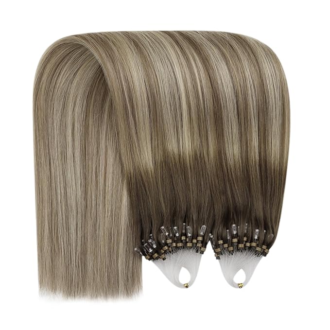 YoungSee Micro Loop Hair Extensions Real Human Hair Balayage Microlink Hair Extensions Human Hair Brown Balayage Blonde Microbead Hair Extension 16Inch Ombre Bead Hair Extension 50s/50g