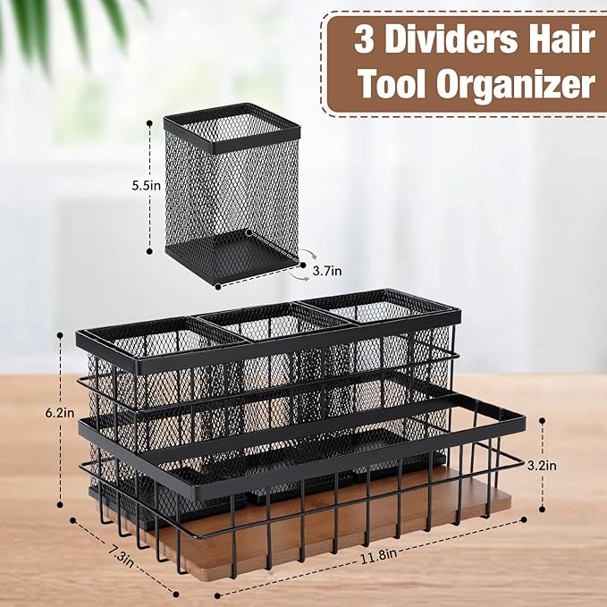 1 Pcs Hair Tool Organizer Countertop Breathable Metal & Bamboo Hot Tools Organizer Under Sink Bathroom Hair Dryer Holder Countertop Brush Comb Holder,makeup tray (Koa Wood,Black)