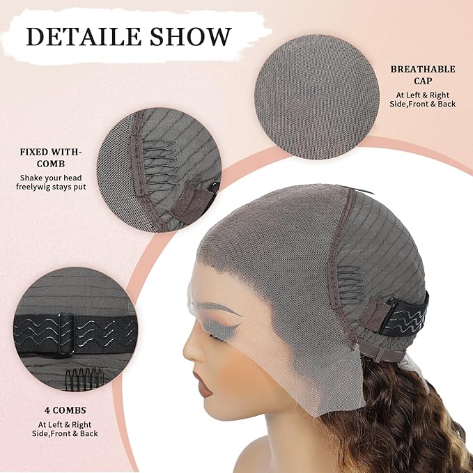 Honey Blonde Lace Front Wigs Human Hair 13x6 HD Highlight Ombre Deep Wave Wig Human Hair 4/27 Glueless Deep Wave Human Hair Wigs Pre Plucked with Baby Hair for Women 26 Inch