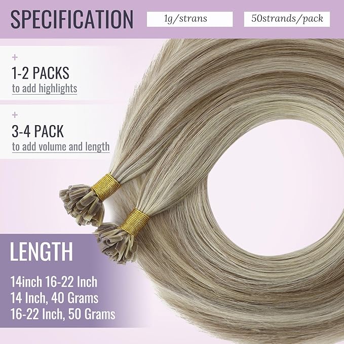 Fshine U Tip Remy Human Hair Extensions Highlighted Light Brown Mixed Platinum Blonde Pre Bonded Hair Extensions Real Human Hair 16 Inch Hot Fusion Nail Tip Hair Extensions For Women 50 Grams 1g/s