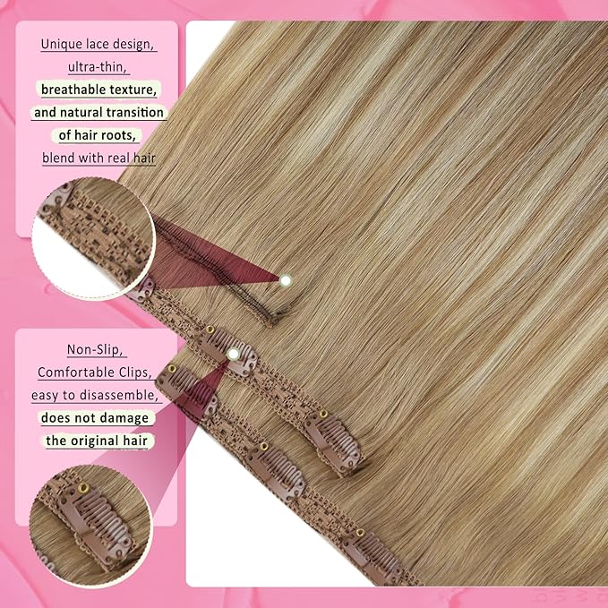 YoungSee 150g Clip in Hair Extensions Real Human Hair Blonde Clip in Human Hair Extensions Gloden Brown with Blonde Balayage Hair Extension Clip ins for Women 22inch
