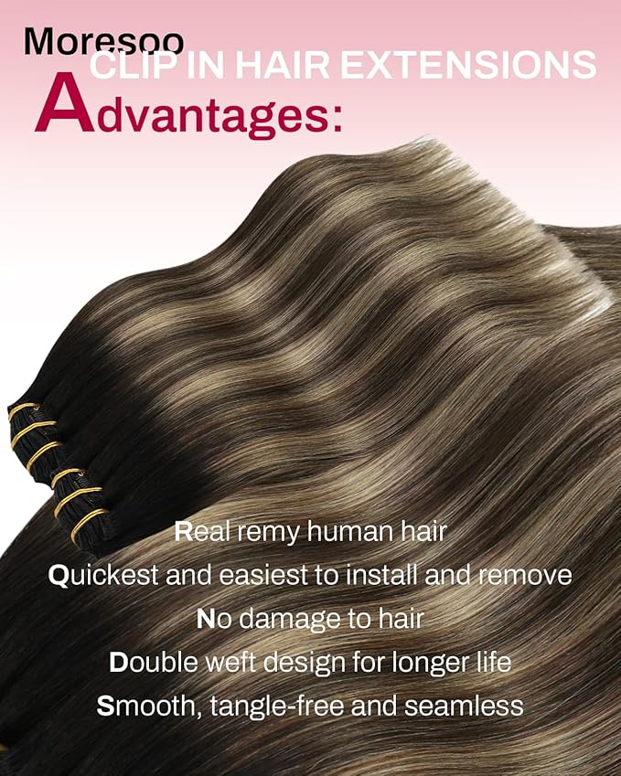 Moresoo Ombre Clip in Hair Extensions Black to Dark Brown with Dark Blonde Extensions Clip in Human Hair Double Weft Balayage Natural Black to Blonde with Brown for Women Long 120g/7pcs 18 inch