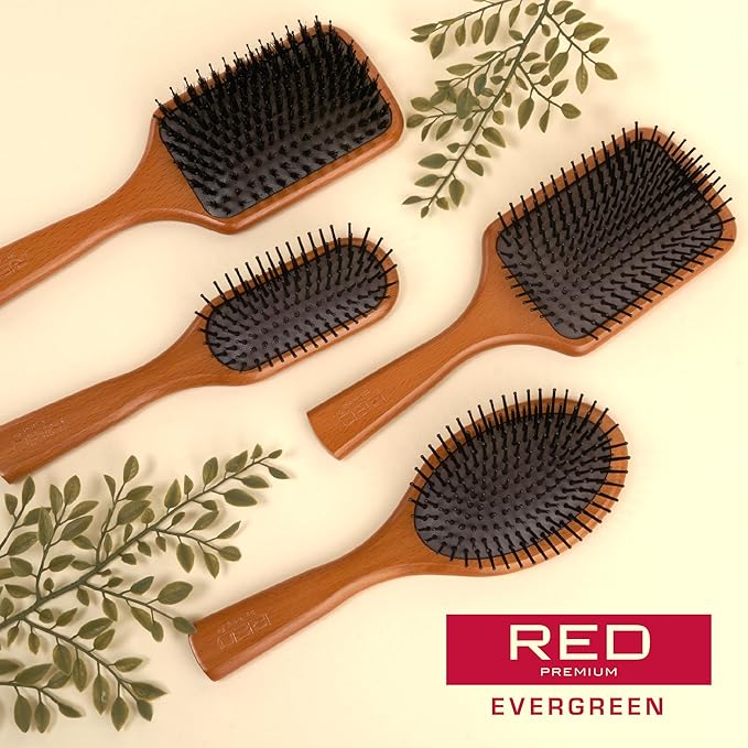 RED Premium 100% Evergreen Wooden Detangling Brush - Boar Bristle Paddle with Long Bristles for Thick, Curly, Thin, Wet or Dry Hair (Square) for Long Lasting Shine