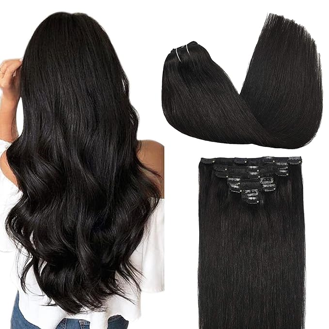 GOO GOO Clip in Hair Extensions Real Human Hair, Remy Human Hair Extensions Clip ins for Women, Natural Human Hair, 14inch 120g 7Pcs, 1B Natural black