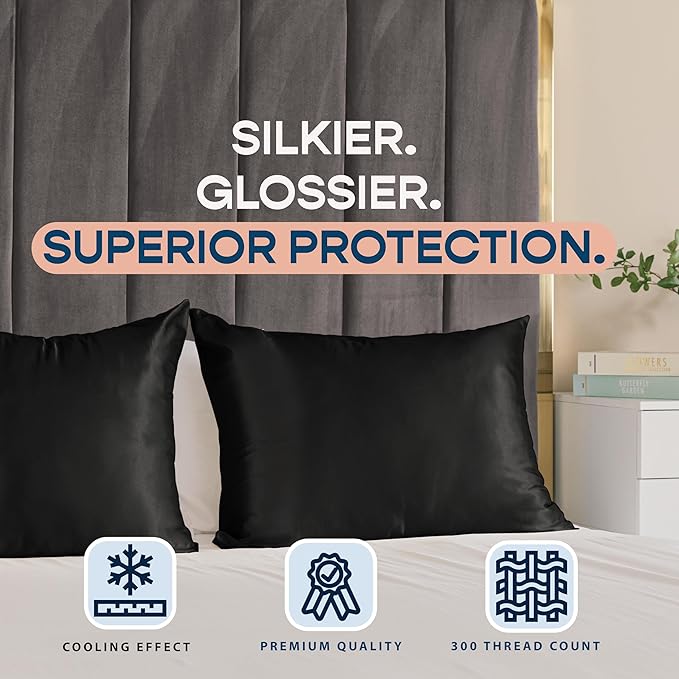 BLISSFORD Black Satin Pillowcase with Zipper for Hair and Skin Care, Feels Soft and Cool Like a Silk Pillowcase, Satin Pillow Cases 2 Pack, Slik Pillow Cover, Queen Size - 20x30