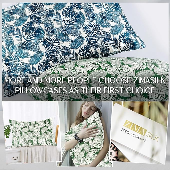 ZIMASILK 100% Pure Mulberry Silk Pillowcase for Hair and Skin Health,Both Sides 19 Momme Silk Floral Print,1pc (King 20''x36'',White Leaves)