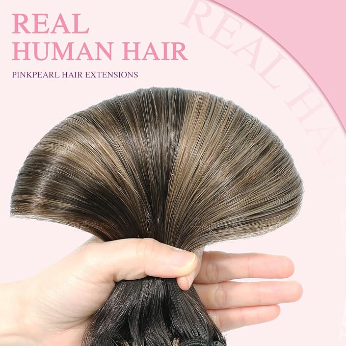 PINKPEARL Clip in Hair Extensions Real Human Hair #2/6/18 Balayage Dark Brown to Chestnut Brown and Ash Blonde 7pcs 120g 22inch Ombre Remy Human Hair Extensios Clip ins(#2/6/18-22)