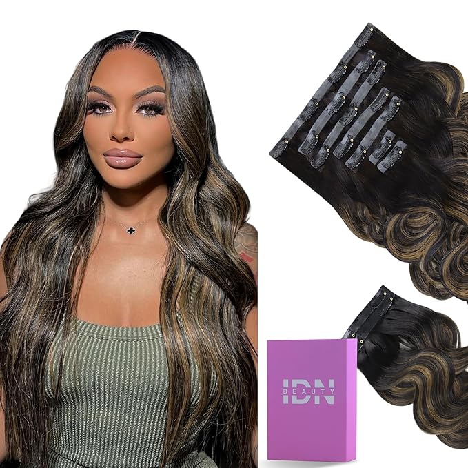 IDN BEAUTY Seamless Clip In Hair Extensions Human Hair Body Wave 150g 1B/6/1B Balayage Natural Black to Chestnut Brown Remy Hair Seamless Clip Ins For Black Women PU Invisible Edge 22 Inch 9pcs