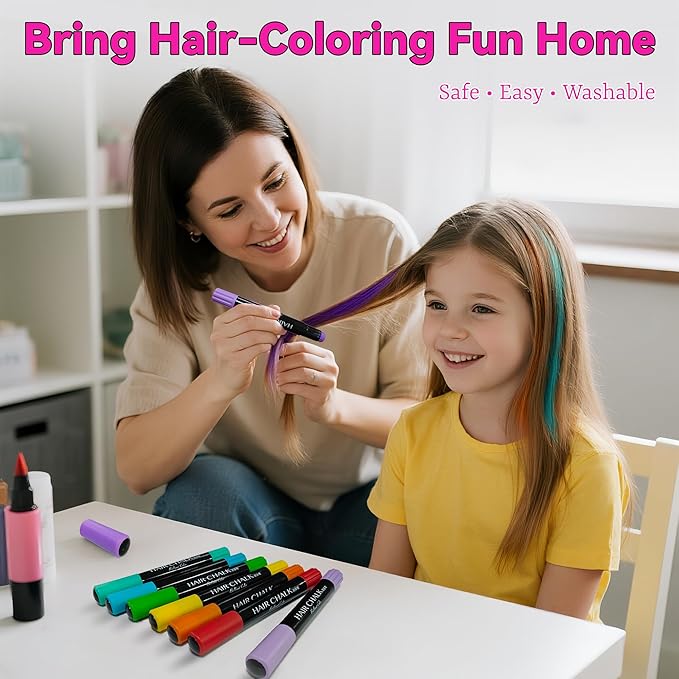 10 Colors Dustless Hair Chalk for Kids, Washable Temporary Hair Color Pens, Easy to Apply & Wash Out, Kid-Safe Non-Toxic, Fun Gifts for Girls & Teens, Parties, Dress Up & Creative Play