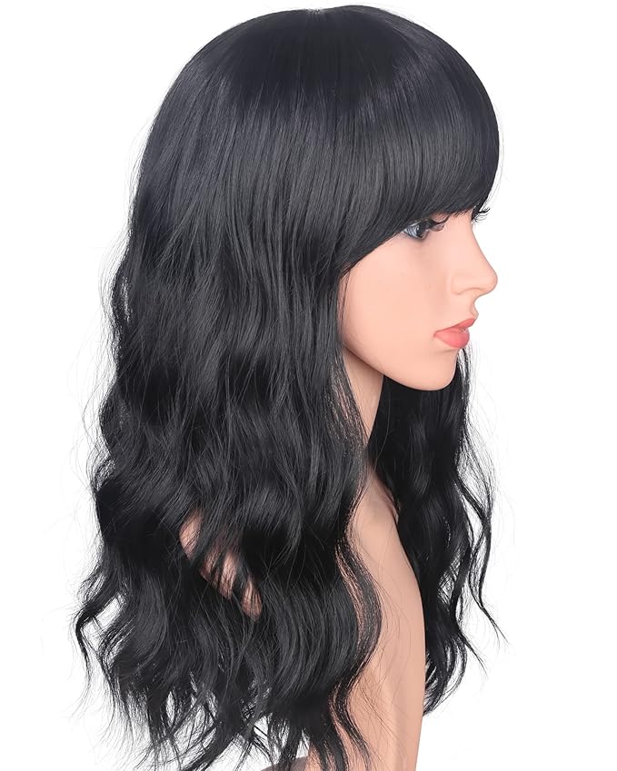 Medium Long Black Wavy Wigs For Women Synthetic Full Hair Natural Black Wigs With Side Bangs For Daily Use 16 Inches (NATURAL BLACK(1#))
