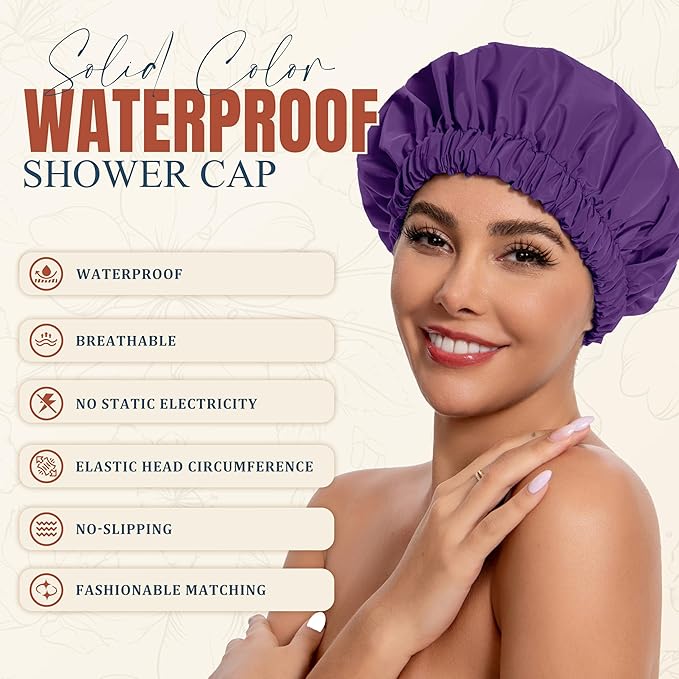 Reusable Shower Cap for Women, Stylish Large Waterproof Shower Bonnet Washable Wide Elastic Band Hair Cap for Long Hair, Braids Bath Hat(Dark Purple)