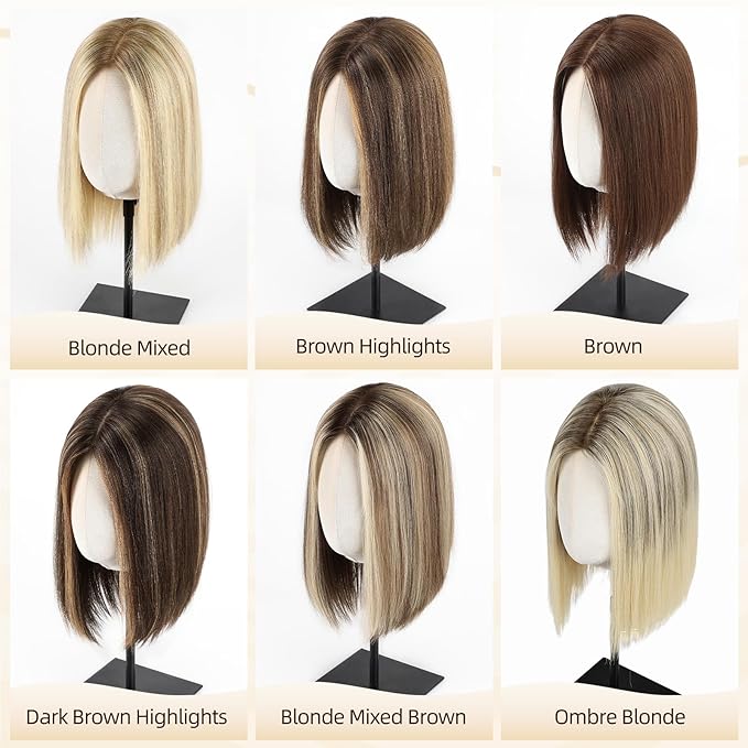 MONO TOP Hair Toppers for Women Human Hair 12 Inch 7"×8" Big Base Partial wig Cover Thinning Hair or Loss No Bangs Top Hair Pieces Natural Wiglets (Ombre Brown Mix Platinum)