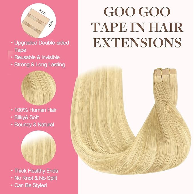 GOO GOO Tape in Hair Extensions Human Hair, 18AT60A Pearl Ash Blonde Highlights, 20inch 50g 20pcs, Skin Weft Seamless Invisible, Silky Straight with Thick Ends, Remy Human Hair