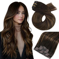 Moresoo Seamless Clip in Hair Extensions Human Hair Balayage Dark Brown to Chestnut Brown Hair Extensions Clip ins Short Straight Pu Skin Weft 120g/7pcs 14 inch