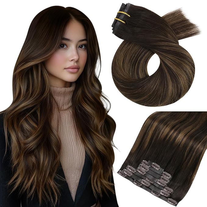 Moresoo Seamless Clip in Hair Extensions Balayage Seamless PU Weft Clip in Human Hair Extensions Ombre Dark Brown Mixed Chestnut Brown 7pcs 120g 22inch