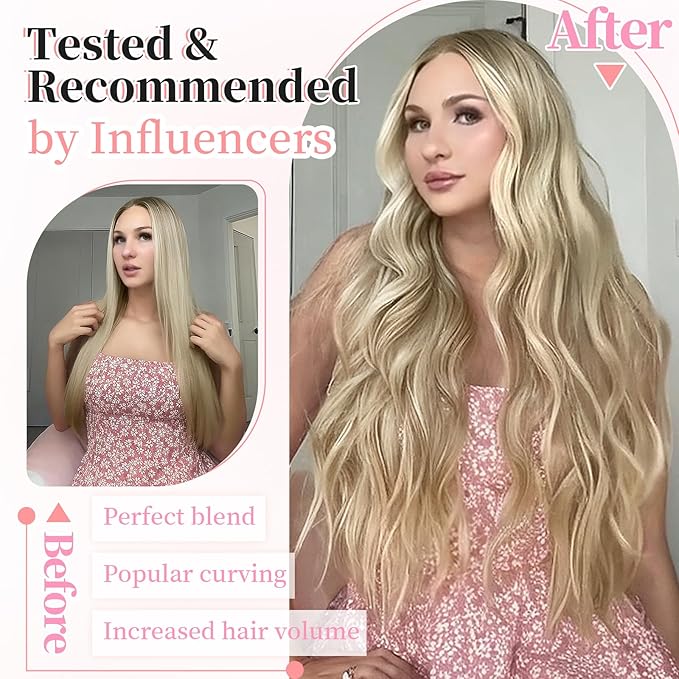 KooKaStyle Clip in Synthetic Highlight Hair Extensions Long Wavy 4PCS Thick Hairpieces Ashy Beige Blonde Balayage Fiber Double Weft Natural Hair Extensions 24 Inch for Women