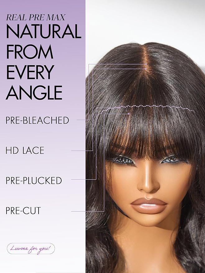 LUVME HAIR 7x6 HD Lace All-Day Comfort Wig with Bangs 200% Density Hair PartingMax Lace Wigs Loose Body Wave Lace Front Wigs Human Hair Pre Cut Plucked Lace Frontal Glueless 24 Inches