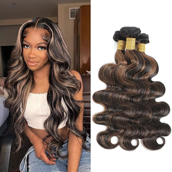 P1B/30 Body Wave Bundles Human Hair Highlight Brown Color Body Wave Bundle 100% Real Human Hair And True To Length 20 22 24 Inch 3 Pcs/Pack