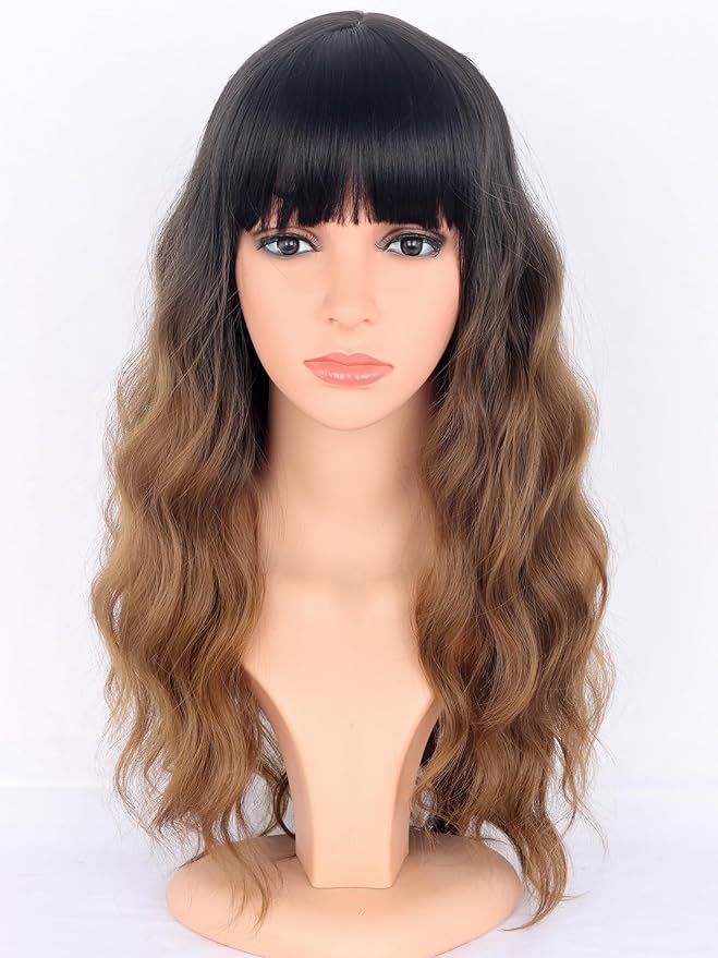 Ombre Brown Wavy Wigs with Bangs for Women - Medium Long Synthetic Black To Brown Wigs Heat Resistant for Daily Party Use