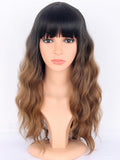 Ombre Brown Wavy Wigs with Bangs for Women - Medium Long Synthetic Black To Brown Wigs Heat Resistant for Daily Party Use