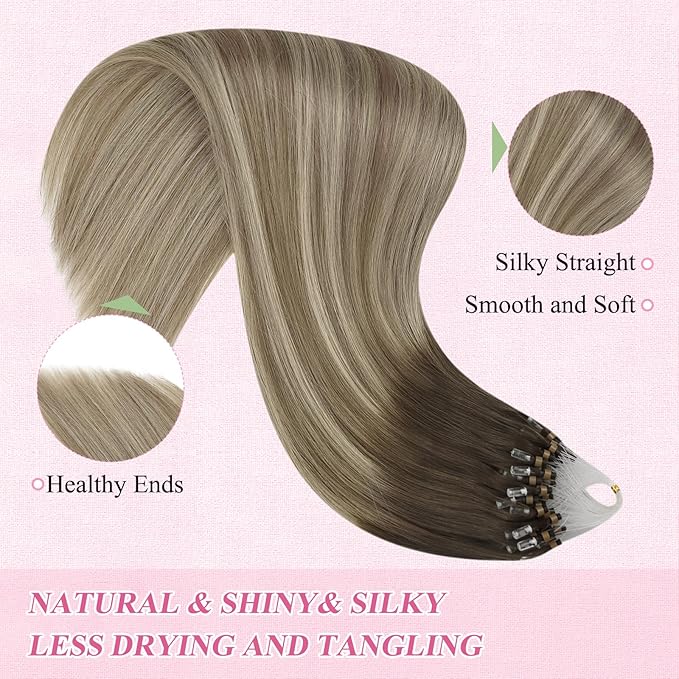 YoungSee Micro Beads Hair Extensions Balayage Micro Loop Hair Extensions Real Human Hair Dark Brown Ombre Brown with Blonde Micro Hair Extension 22In Bead Hair Extension Soft for Wedding 50s/50g