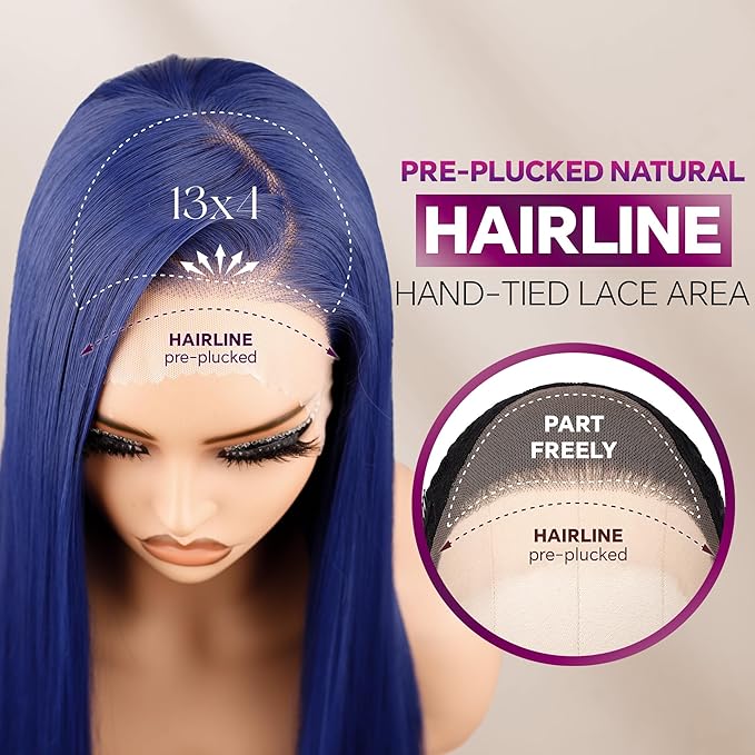 BLL Blue Lace Front Wig, 13x4 Glueless Synthetic Wigs Pre Plucked Hd Lace Long Straight Dark Blue Wig For Women With Baby Hair 26inch Suitable For Daily Party Wear