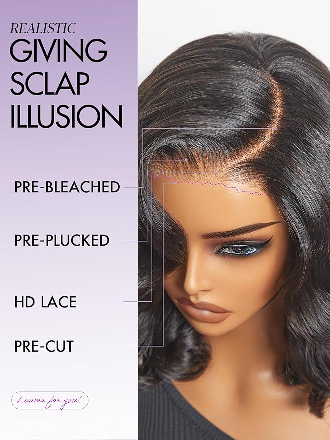 LUVME HAIR 100% Human Hair Wigs Loose Wave Glueless Lace Front 16 Inches, Pre Cut Plucked Hd Lace Short Wig Ready To Go Natural Color Straight Bleached Knots Side Part Black Wigs