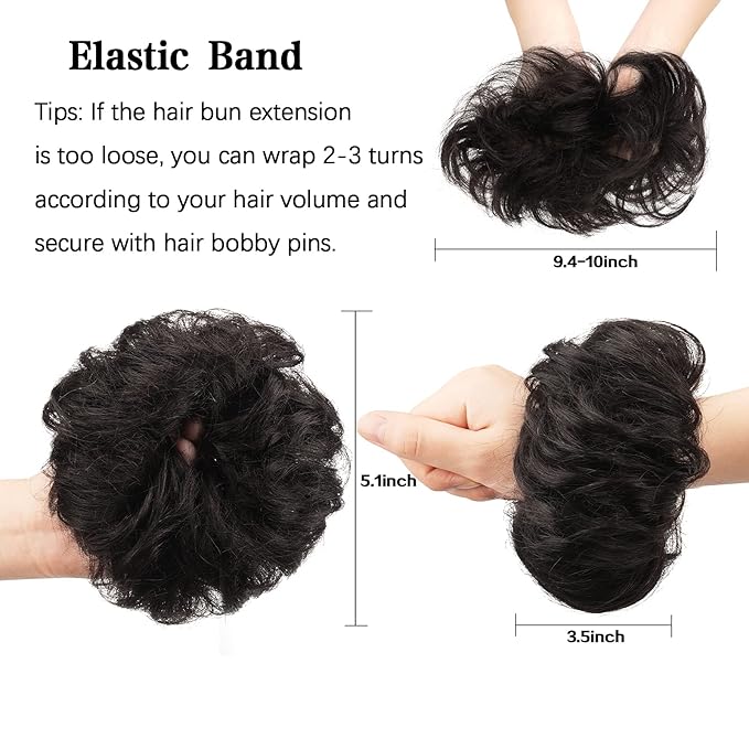 FESHFEN Human Messy Buns - 100% Human Hair Bun Real Scrunchies Hair Pieces Ponytail Extensions Wavy Tousled Updo Chignon Hairpieces for Women, Natural Black