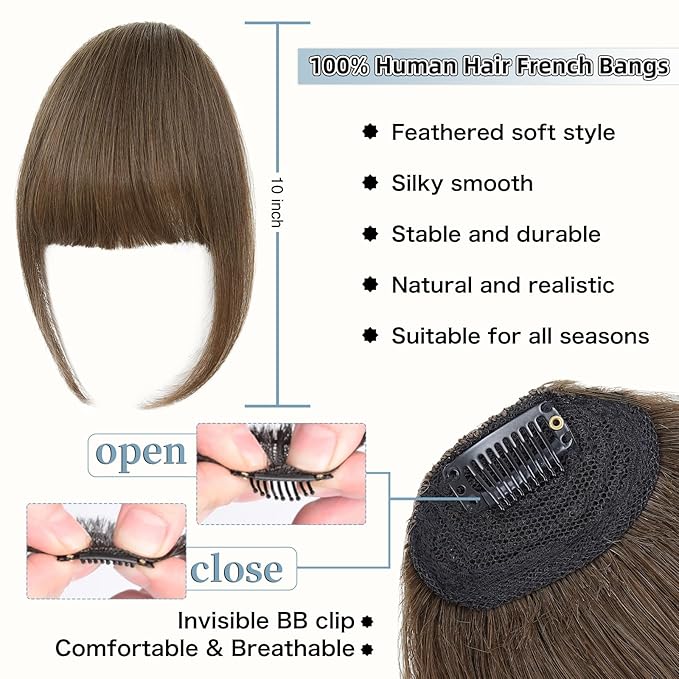 Clip In Bangs for Women, Brown French Bangs Hair Clip with Temples, 100% Real Human Hair Layered Curved Fringe for Halloween and Daily Use(Brown, French Bangs)