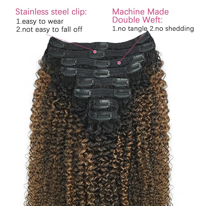 18 Inch Kinky Curly Clip in Hair Extensions Omber T1BP1B/30 Color 3c 4a Kinky Curly Clip ins For Women Brazilian Virgin Hair Clip on Hair Extensions(18inch,T1BP1B/30)