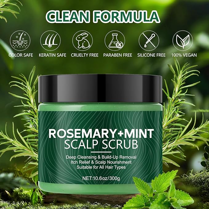 Scalp Scrub with Rosemary & Mint, 2-in-1 Exfoliating Shampoo for Hair Treatment, Includes Silicone Scalp Massager, Removes Buildup & Dandruff, 10.6oz