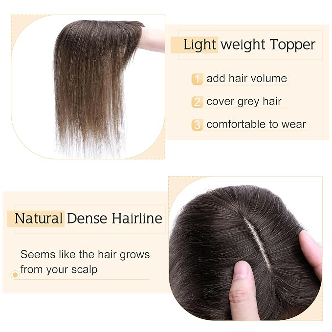 SEGO Hair Toppers for Women Real Human Hair With Bangs, 7 * 13CM Silk Base 100% Remy Human Hair Clip in Top Wiglet Hairpieces Add Volume -12 Inch Dark Brown ombre Light Brown