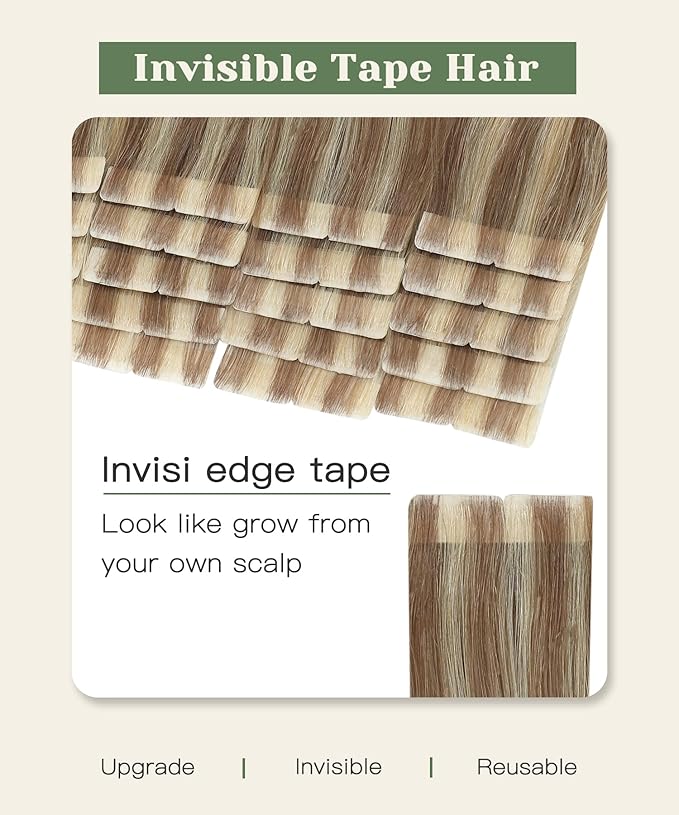 SURNEL Injected Tape in Hair Extensions Golden Brown to Caramel Blonde Seamless Tape in Real Human Hair Invisible Extensions 16Inch 20pcs/pack 35g(#102727,16)