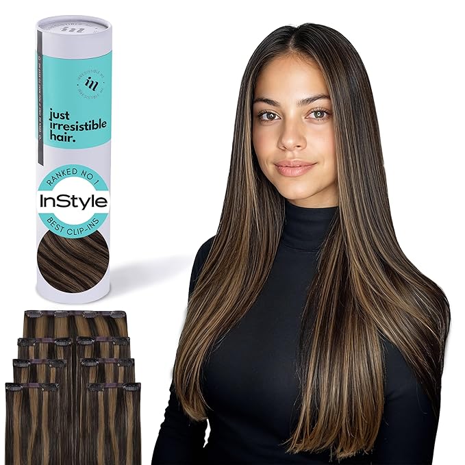 Irresistible Me Real Human Hair Extensions Clip Ins – 100% Human Hair Clip In Extensions for Length & Volume – Invisible Extension – Heat Resistant & Dyeable – Dark Highlights, 14 Inches