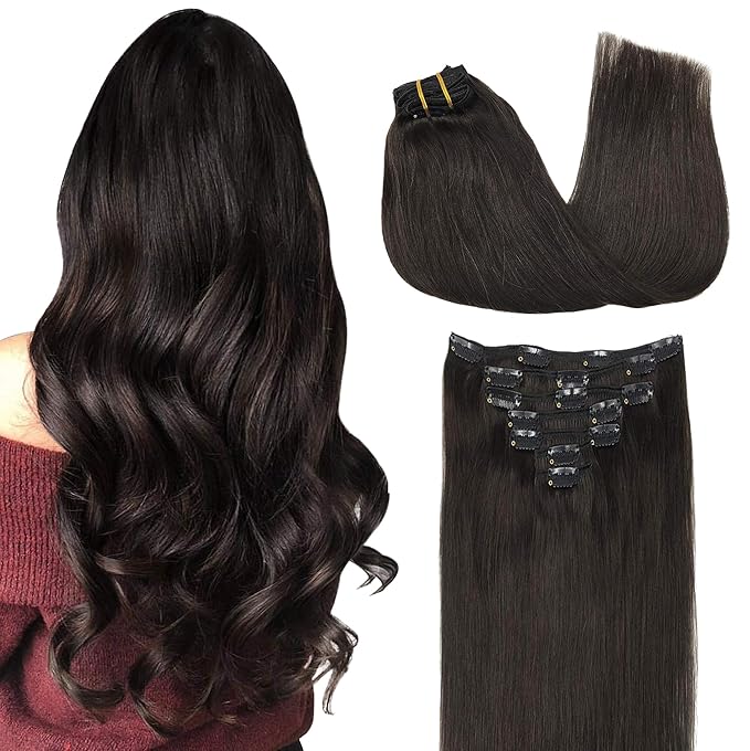 GOO GOO Clip in Hair Extensions Real Human Hair, Remy Human Hair Extensions Clip ins for Women, Natural Human Hair, 16inch 120g 7Pcs, 2 Dark Brown