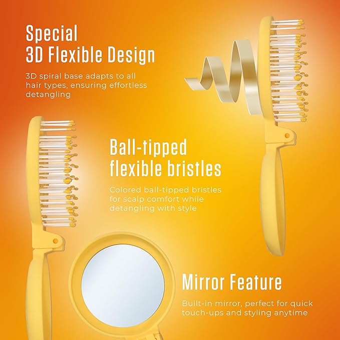 Mini Detangler Travel Hair Brush with Mirror, Makaron Hair Brushes for Women, Men and Kids, Unique 3D Flexible Design for All Hair Types, Styling Accessory, Travel Essentials for Women (YELLOW)