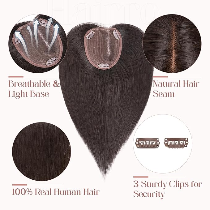 Hairro 100% Human Hair Topper No Bangs, Real Clip in Hair Hairpieces for Women, 3.94x4.72" Silk Base for Thinning Receding High Hairline, 10 Inch Natural Black Side Part
