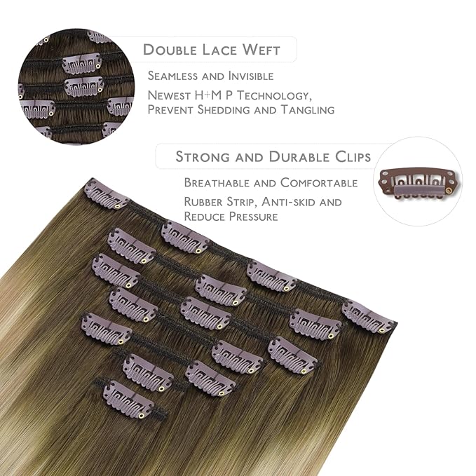 WENNALIFE Clip in Hair Extensions Real Human Hair, 14 Inch 120g 7pcs Human Hair Extensions Clip In Human Hair, Balayage Light Ash Brown to Light White Blonde Hair Extensions Clip In Real Hair Coloured