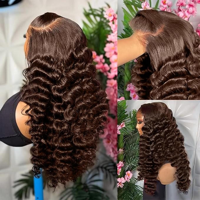 5x5 SKINLIKE Real HD Lace Closure Wig, Chocolate Brown Loose Body Wave 250% Density 0.10mm Ultra-thin Swiss Lace Pre-plucked Bleached Small Knots With Baby Hair Brown Wig Human Hair Wigs 20 Inch