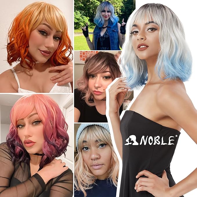 NOBLE Colourful Short Bob Wigs with Bangs for Women 3 Tone Ombre Pink root to Purple Color Short Wavy Bob Hair Wig Shoulder Length Synthetic Heat Resistant Bob Wigs