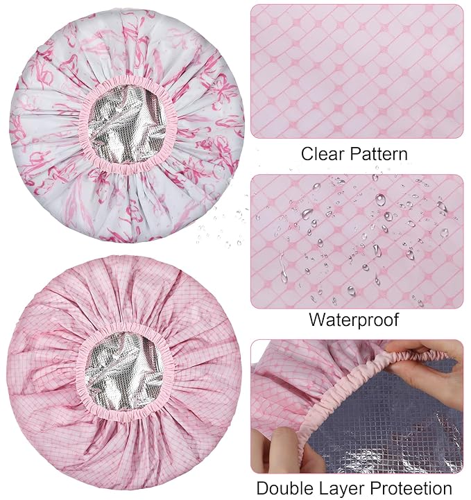 2 Pcs Heat Cap for Deep Conditioning, Pink Heating Caps for Deep Conditioning with Double Layer, Waterproof & Reusable for Shower, Hot Oil Treatment & Hair Steam Therapy