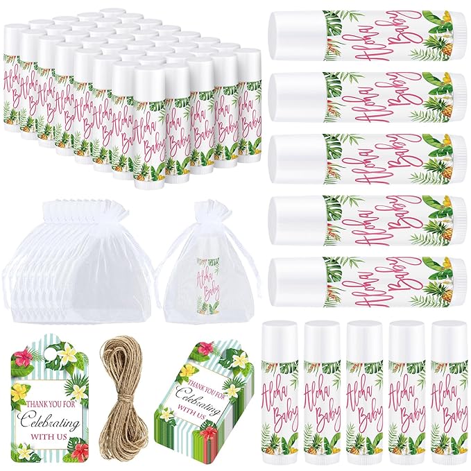 Demissle 50 Pcs Baby Shower Lip Balm Gift Set with 100 Pcs Organza Bags Baby Shower Party Favor for Guest Thank You Tag Rope Baby Shower Party Decoration Gender Reveal Souvenirs (Tropical)