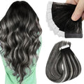 Sunny Hair Tape in Hair Extensions Real Human Hair Invisible Remy Hair Extensions Tape ins for Women Ombre Natural Black Root to Sliver Grey 12 inch 20G