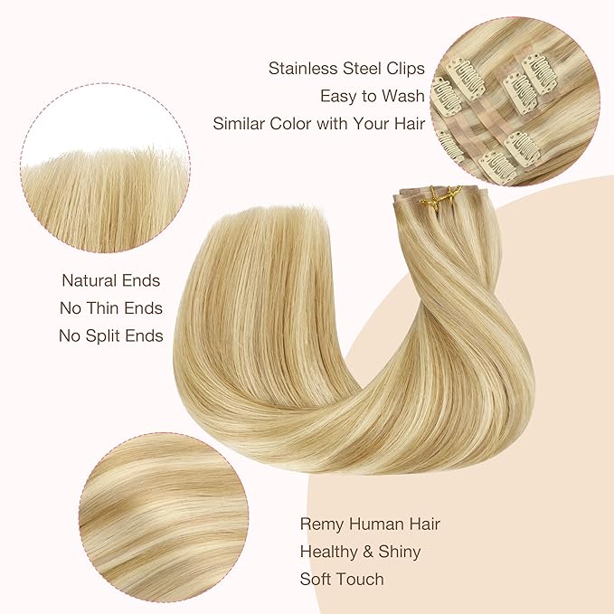 GOO GOO Clip in Hair Extensions Real Human Hair, Remy Human Hair Extensions Clip ins for Women, Natural Human Hair, 22inch 160g 7Pcs, #18D/22F Dirty Blonde Highlights