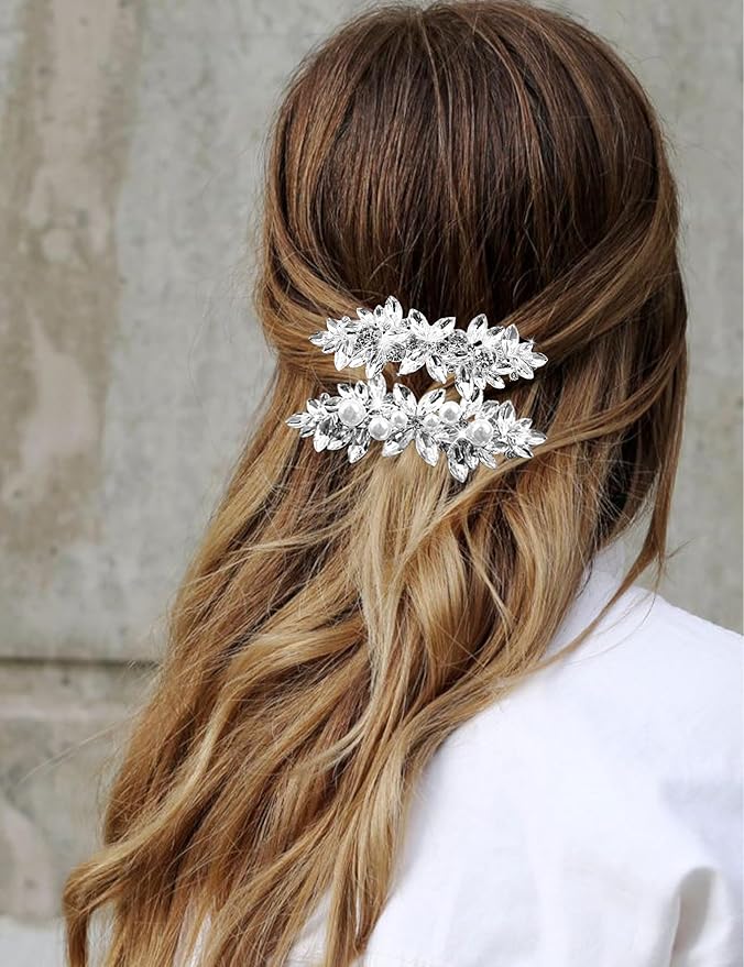 4pcs Rhinestone Pearl Wedding Hair Clips Silver New Bride Bridesmaid Spring Clips French Hairpins Elegant Floral Stylish Accessories Gift for Women Girls Leaf Style