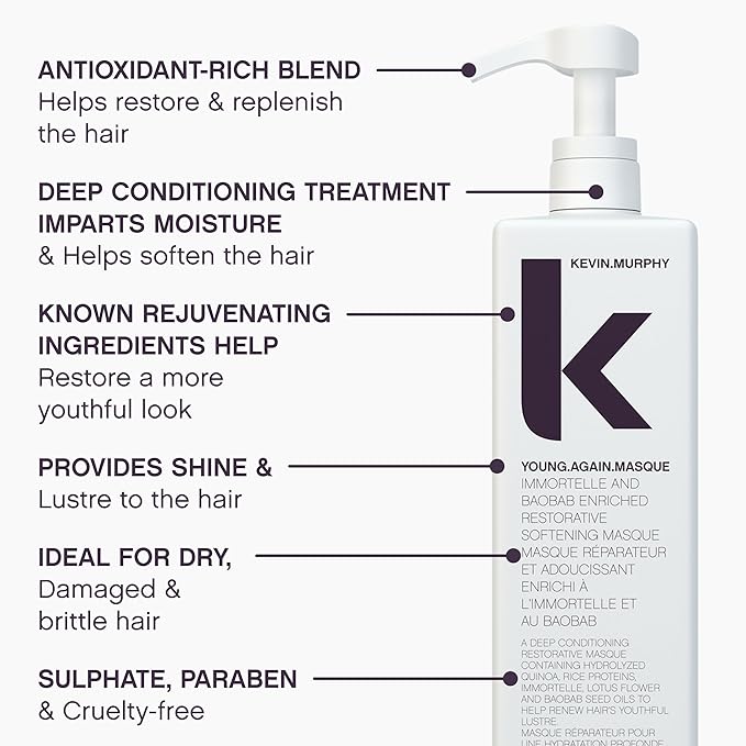 KEVIN.MURPHY YOUNG.AGAIN.MASQUE - Hair Masque for Damaged Hair - For Dry, Damaged, Brittle Hair - Deep Conditioning Masque - With Immortelle & Baobab Seed Oil - 1 L / 33.8 fl oz