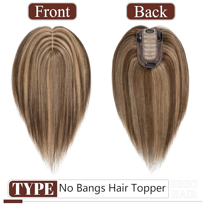 SEGO Real Human Hair Topper for Women, No Bangs Hair Topper with Anti-Slip Clips (6 Inch#4/27 Medium Brown Mix Dark Blonde)