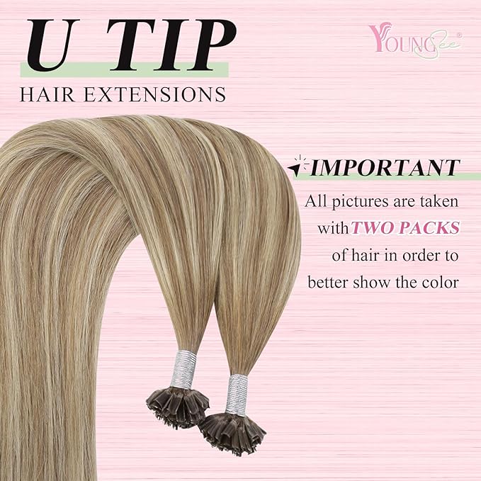 YoungSee U Tip Hair Extensions Real Human Hair Ombre Light Brown Balayage Blonde Hair Extensions U Tip for Women Ktips Remy Hair Extension Balayage Hair Extension U Tip Long Straight 24In 1G/S 50G